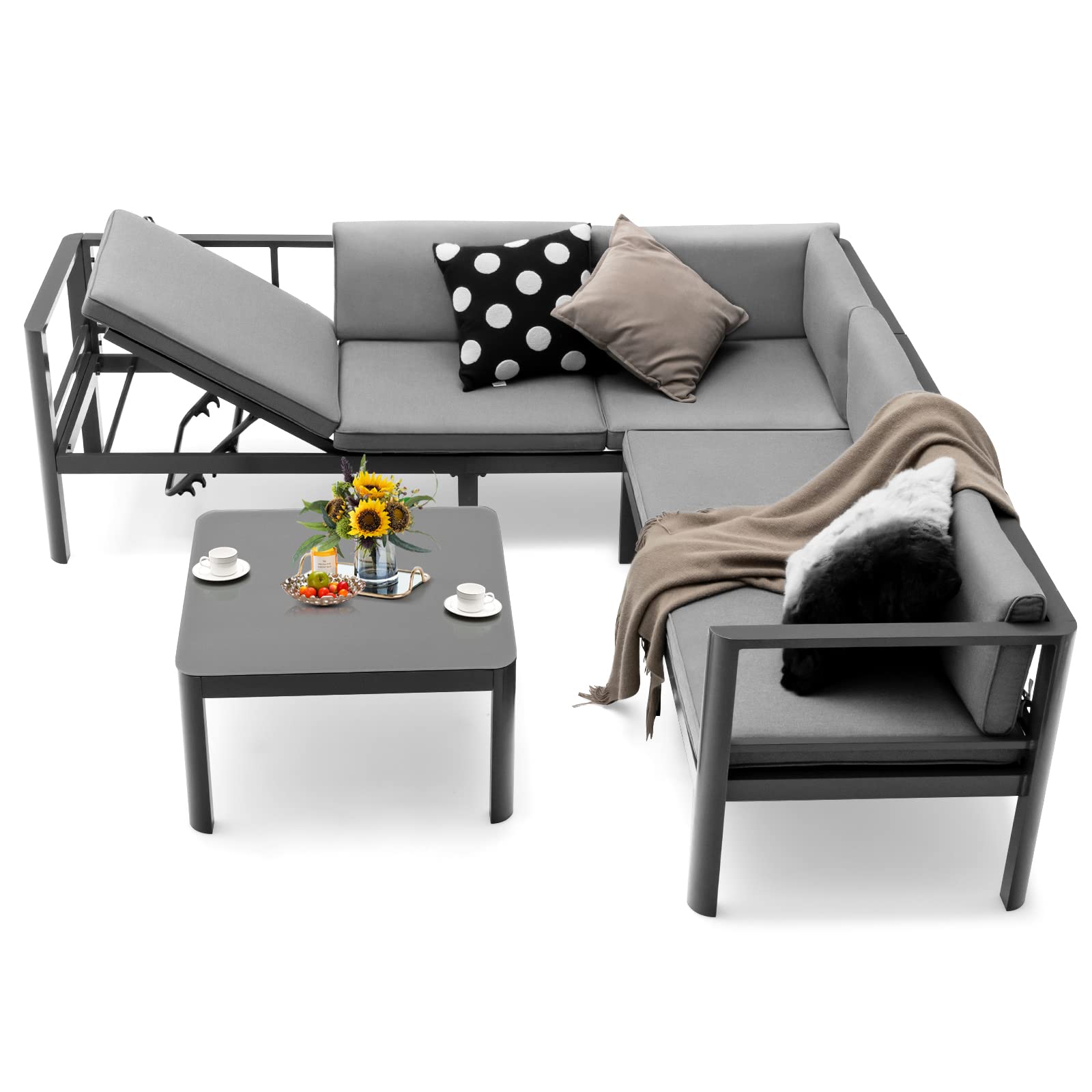 Ensemble de meubles de patio 3 pièces en aluminium Tangkula, canapé d'extérieur modulable Patiojoy avec dossier inclinable sur 6 niveaux